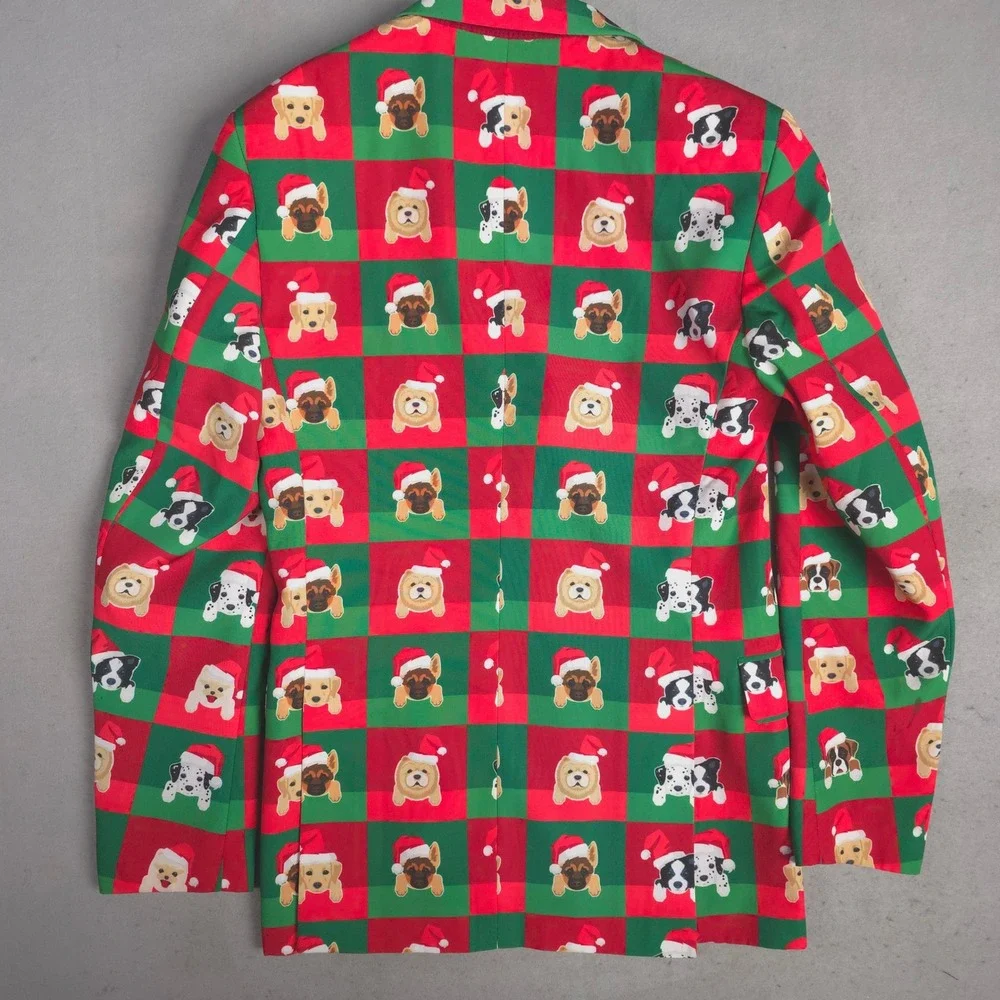 Shinesty Mens Holiday Dog Blazer Red Green Christmas Santa Hat Jacket Size 36‎